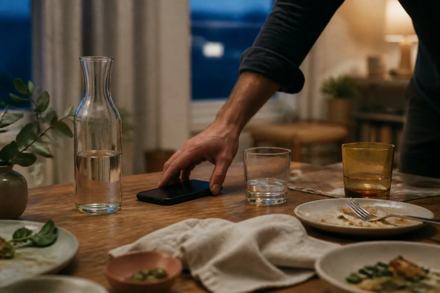 A quiet dinner table with water, a single drink, and a phone being set aside